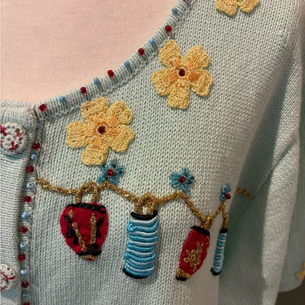 NWT Storybook Knits 2X Lt Blue Luau Hula Girl Embroidered Short Sleeve Cardigan - Picture 5 of 16